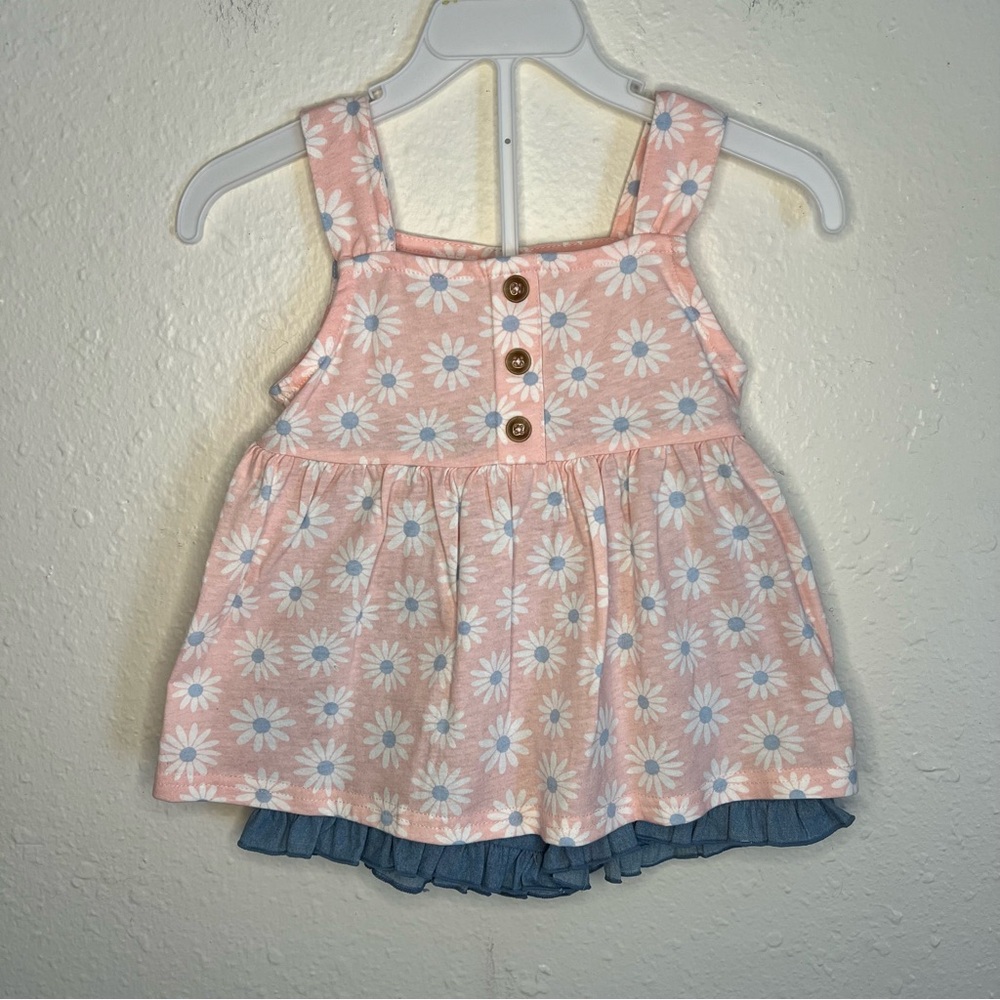 Girls Two-Piece Knit Tank & Skirt Set with Pink Daisy Top and Blue Shorts - Picture 5 of 15